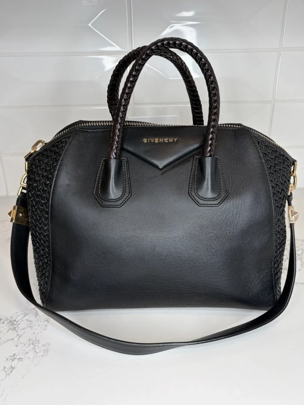 Givenchy Antigona Medium Black Leather Satchel Woven Panel